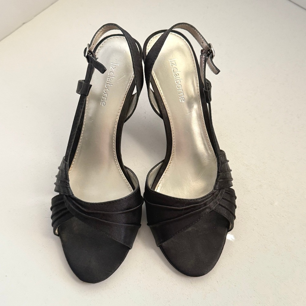Liz‎ Claiborne Massey Black Satin Slingback Heels Pleated Evening Sandals 6.5